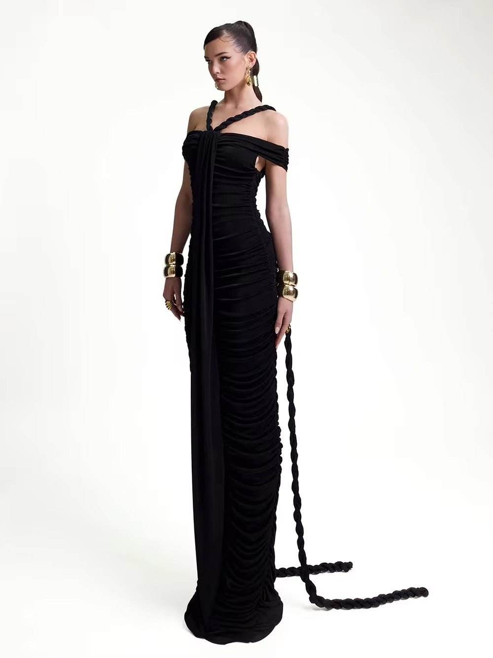 Slash Neck Braided Folds High Waist Elastic Maxi Dress - REBECATHELABEL