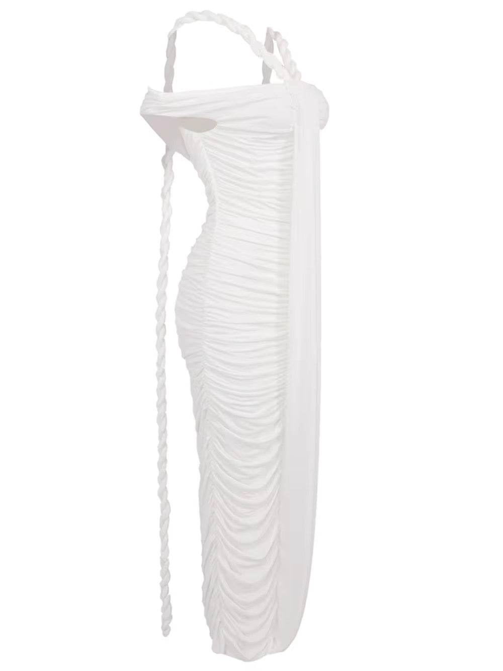 Slash Neck Braided Folds High Waist Elastic Maxi Dress - REBECATHELABEL