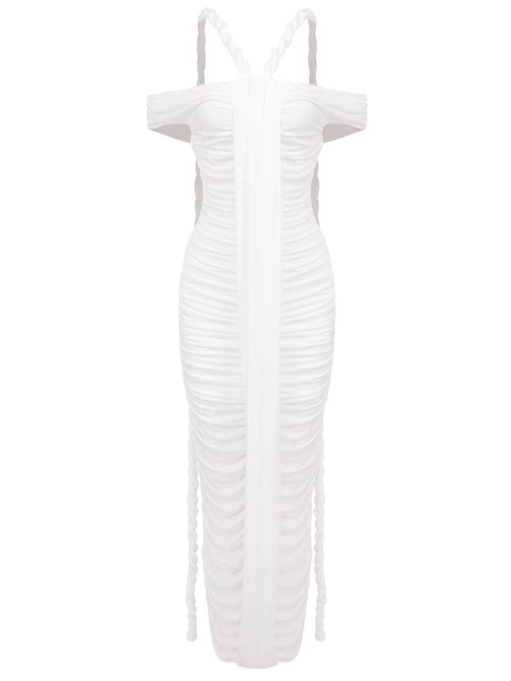 Slash Neck Braided Folds High Waist Elastic Maxi Dress - REBECATHELABEL