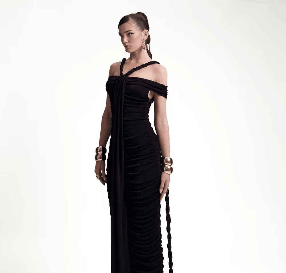Slash Neck Braided Folds High Waist Elastic Maxi Dress - REBECATHELABEL