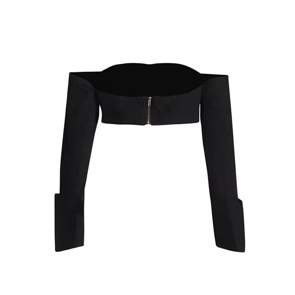 Slash Neck Long Sleeved Short Top+High Waist Straight Leg Pants Set - REBECATHELABEL