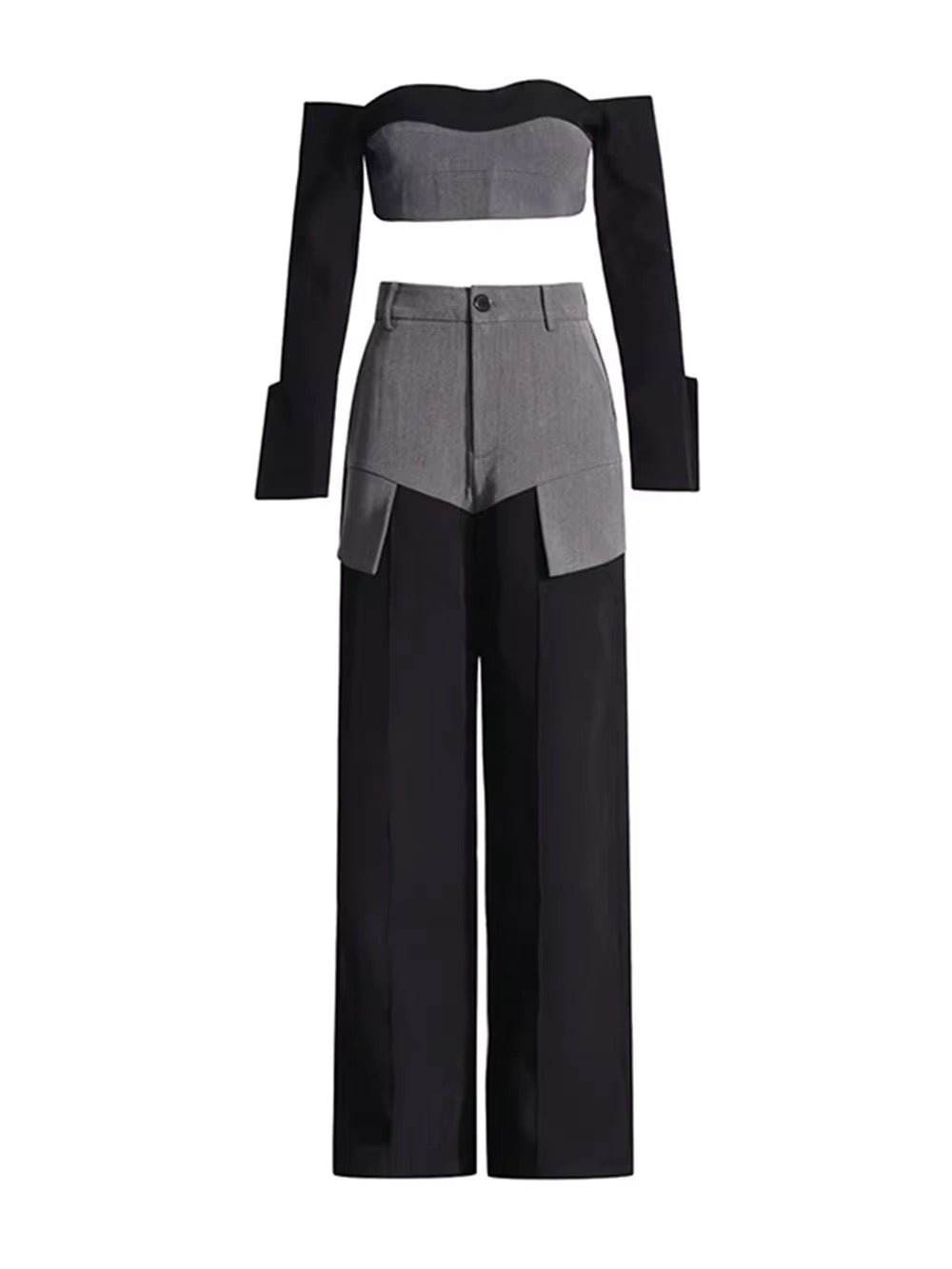 Slash Neck Long Sleeved Short Top+High Waist Straight Leg Pants Set - REBECATHELABEL