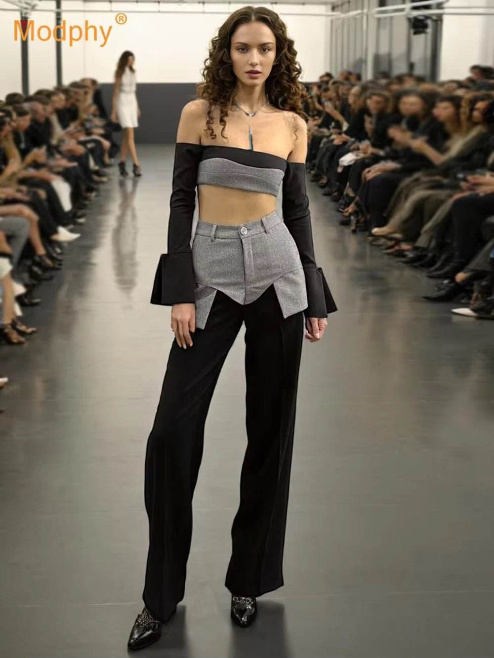 Slash Neck Long Sleeved Short Top+High Waist Straight Leg Pants Set - REBECATHELABEL