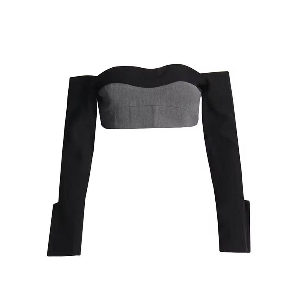 Slash Neck Long Sleeved Short Top+High Waist Straight Leg Pants Set - REBECATHELABEL