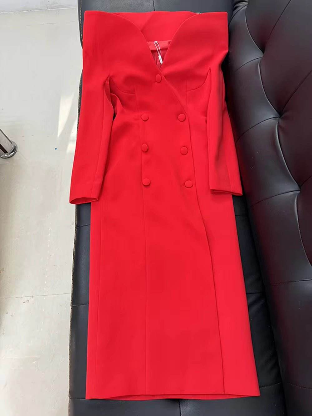 Slash Stand Collar Slim Fit Double Breasted Long Dress - REBECATHELABEL