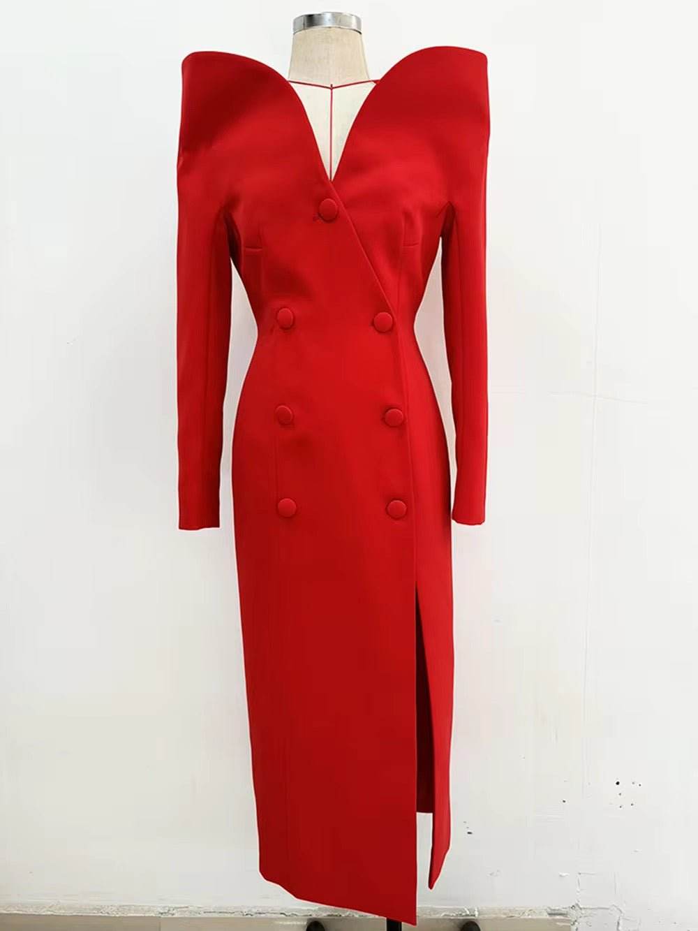 Slash Stand Collar Slim Fit Double Breasted Long Dress - REBECATHELABEL