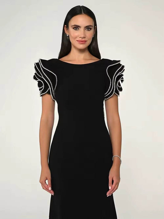 Sleeveless Flower Diamonds Black Maxi Long Bandage Dress - REBECATHELABEL