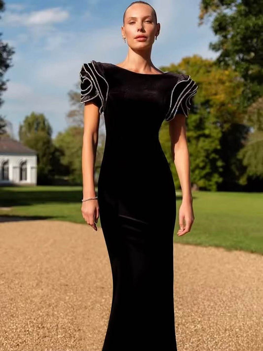 Sleeveless Flower Diamonds Black Maxi Long Bandage Dress - REBECATHELABEL