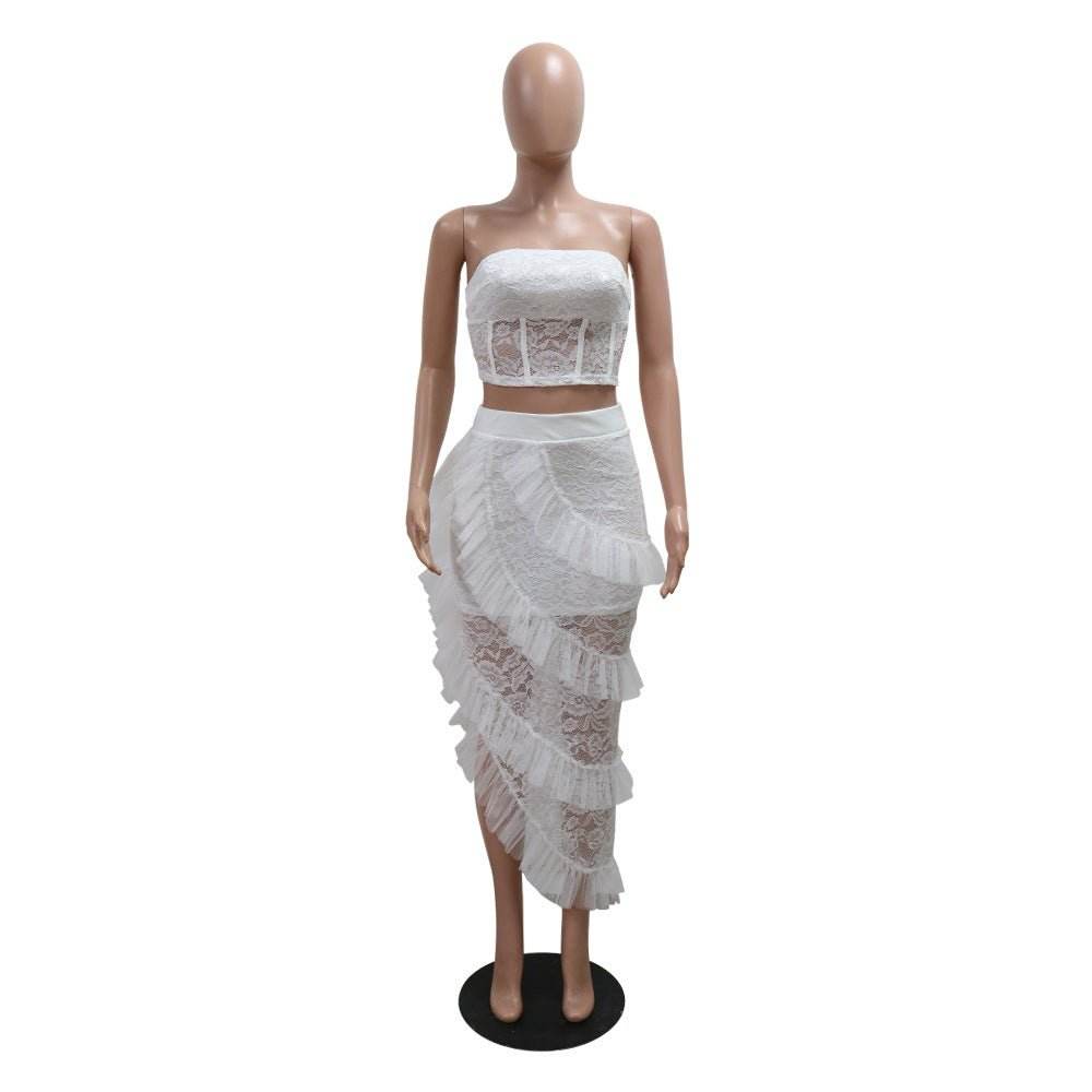 Sleeveless Lace Tube Top with Irregular Asymmetric Skirt set - REBECATHELABEL