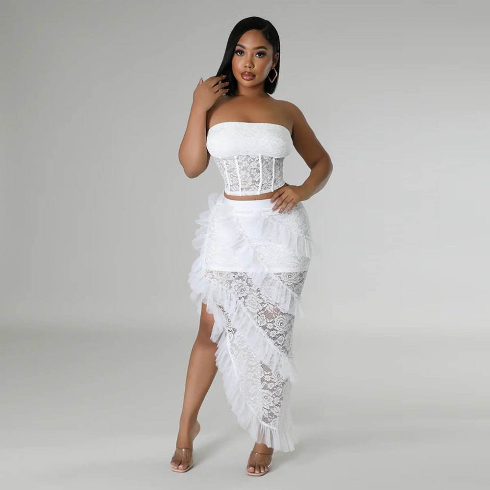 Sleeveless Lace Tube Top with Irregular Asymmetric Skirt set - REBECATHELABEL