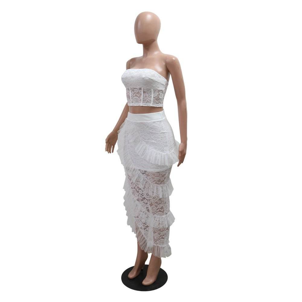 Sleeveless Lace Tube Top with Irregular Asymmetric Skirt set - REBECATHELABEL