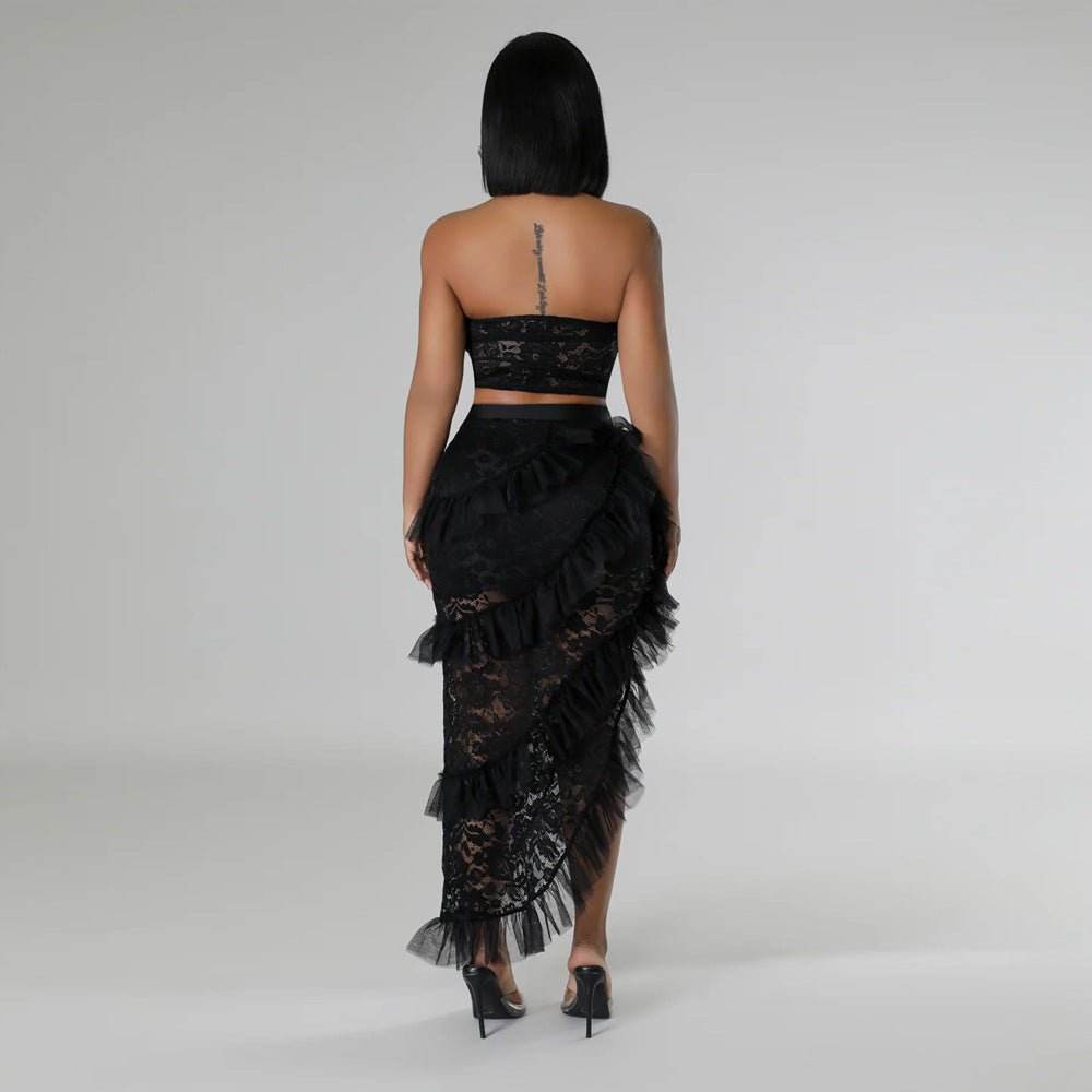 Sleeveless Lace Tube Top with Irregular Asymmetric Skirt Solid Color Two Piece Set - REBECATHELABEL