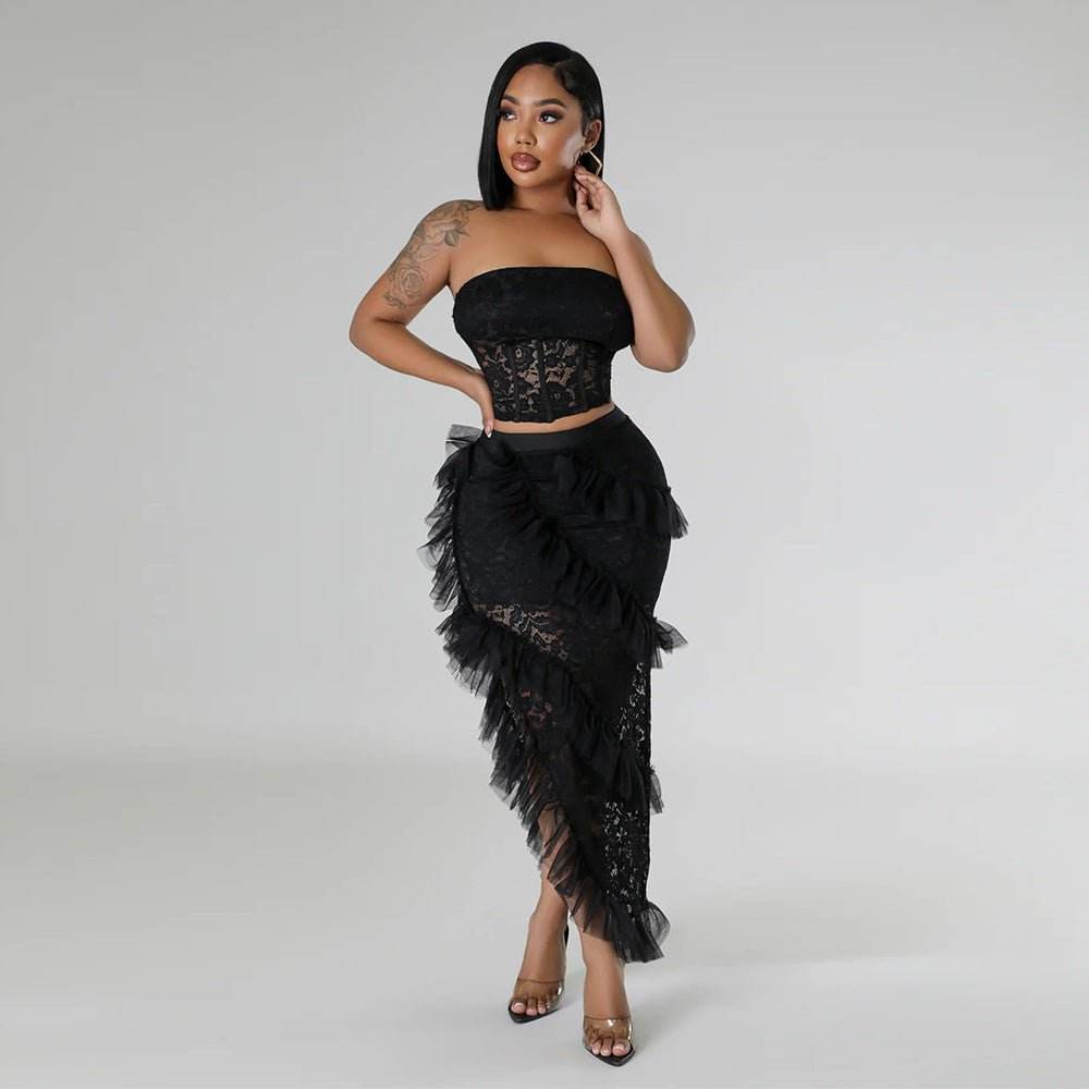 Sleeveless Lace Tube Top with Irregular Asymmetric Skirt Solid Color Two Piece Set - REBECATHELABEL