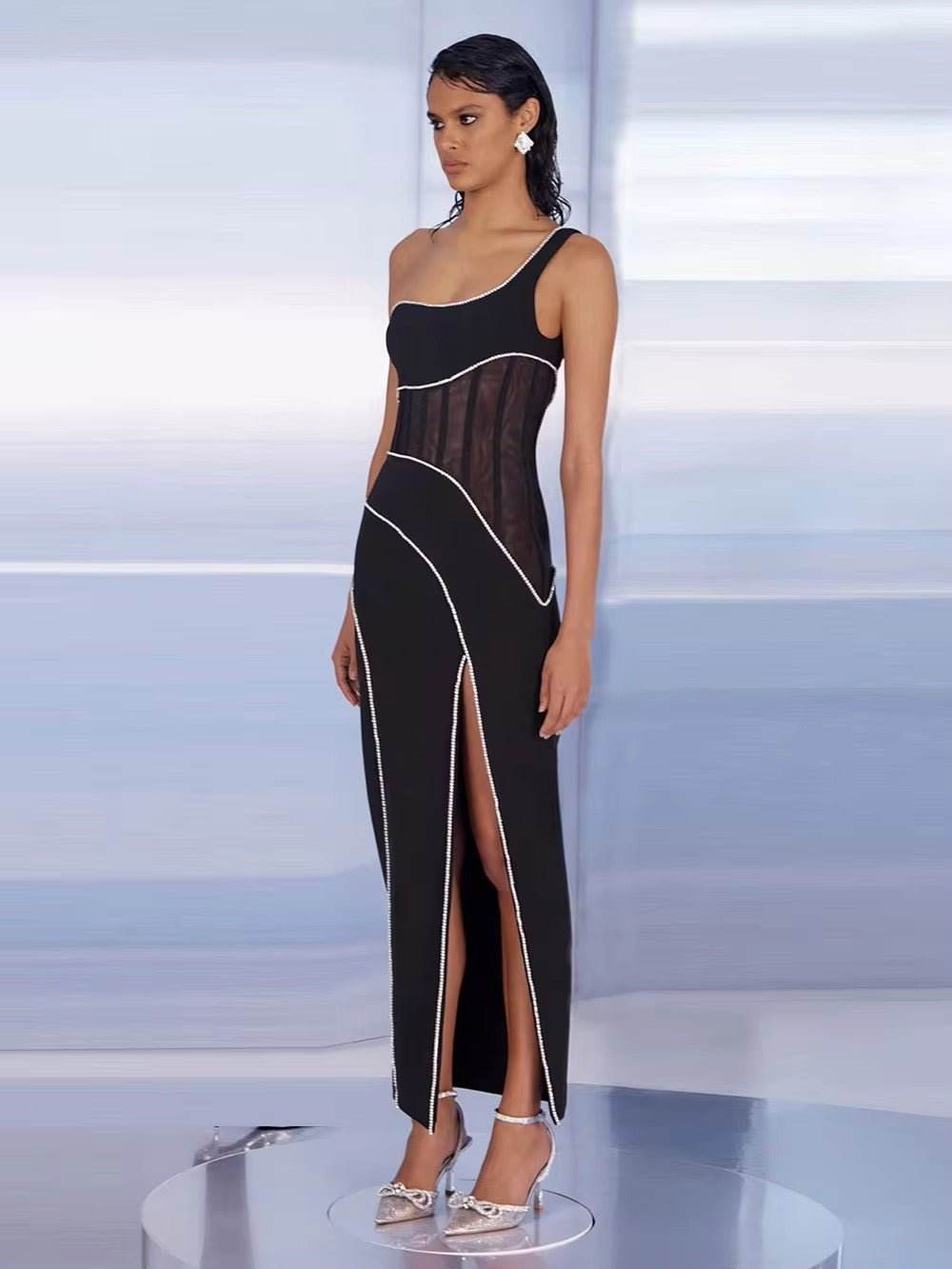 Sleeveless One Shoulder Diamond Tight Maxi Bandage Dress - REBECATHELABEL