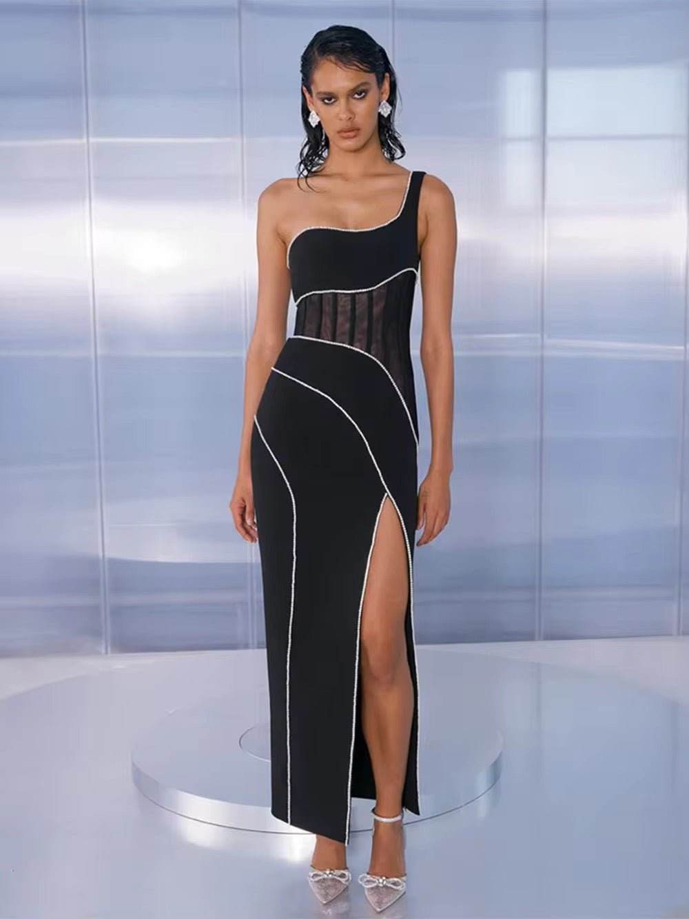 Sleeveless One Shoulder Diamond Tight Maxi Bandage Dress - REBECATHELABEL