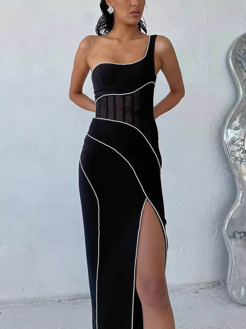 Sleeveless One Shoulder Diamond Tight Maxi Bandage Dress - REBECATHELABEL