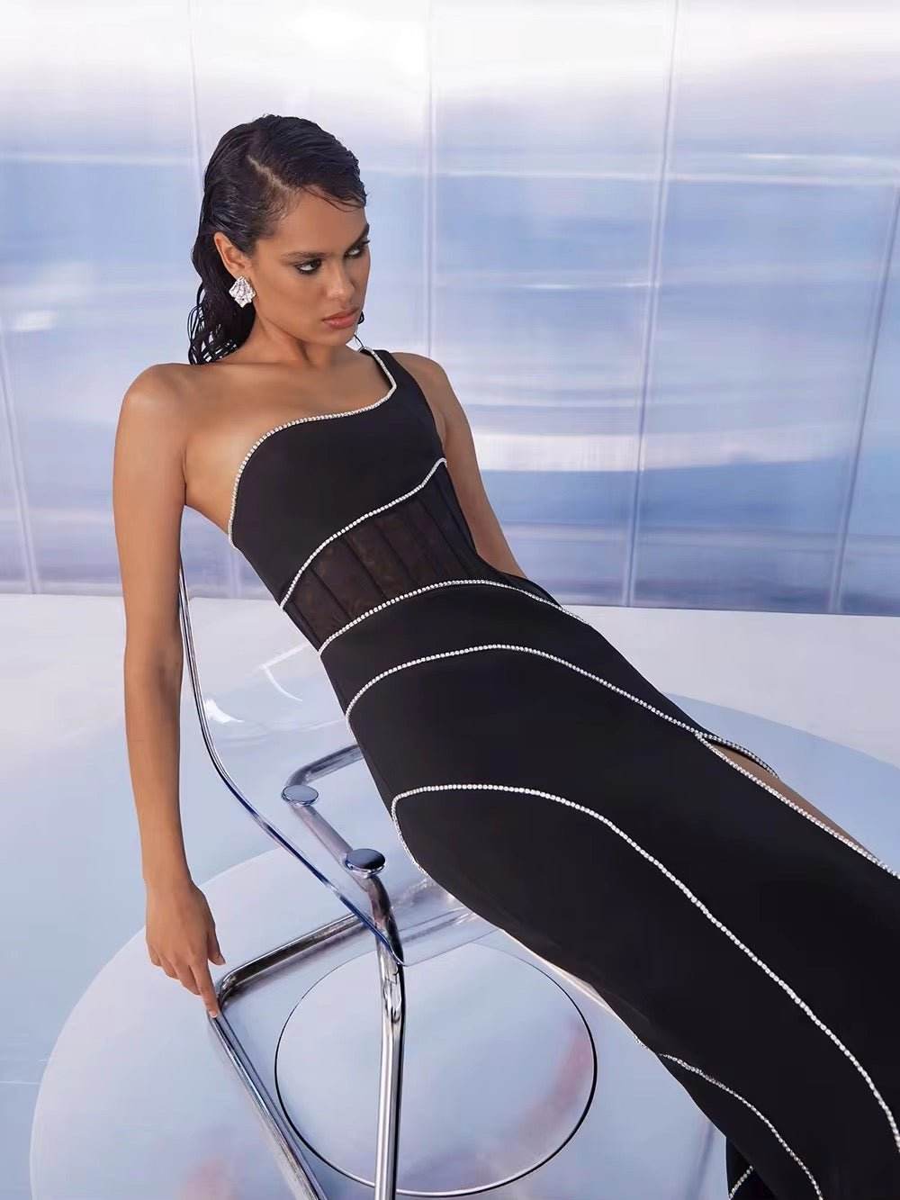 Sleeveless One Shoulder Diamond Tight Maxi Bandage Dress - REBECATHELABEL