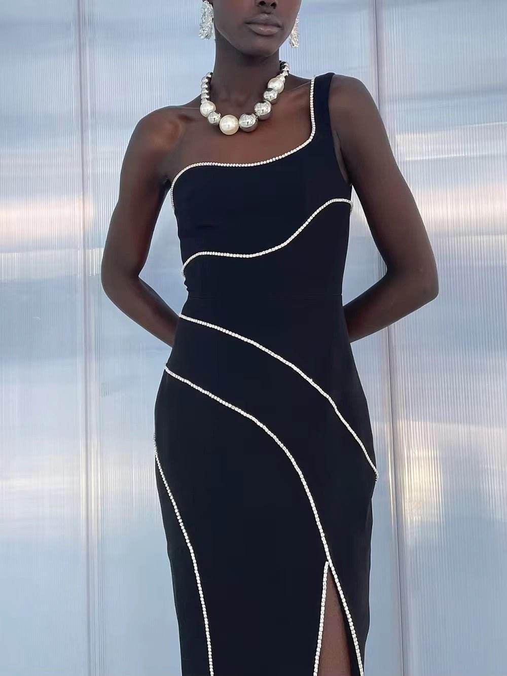 Sleeveless One Shoulder Diamond Tight Maxi Bandage Dress - REBECATHELABEL