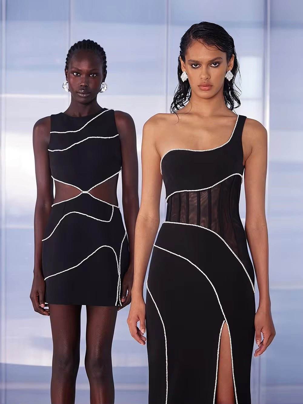 Sleeveless One Shoulder Diamond Tight Maxi Bandage Dress - REBECATHELABEL