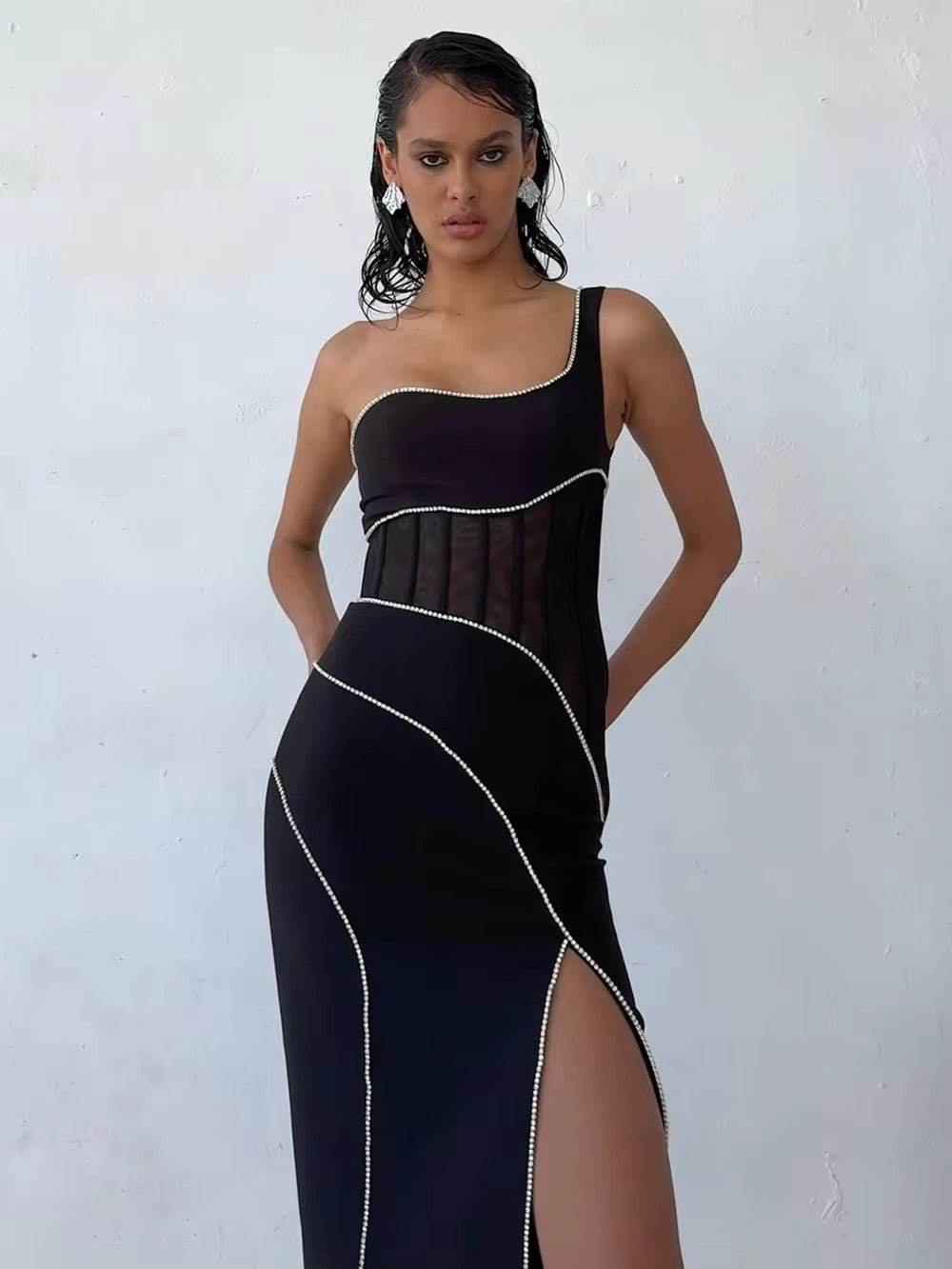 Sleeveless One Shoulder Diamond Tight Maxi Bandage Dress - REBECATHELABEL