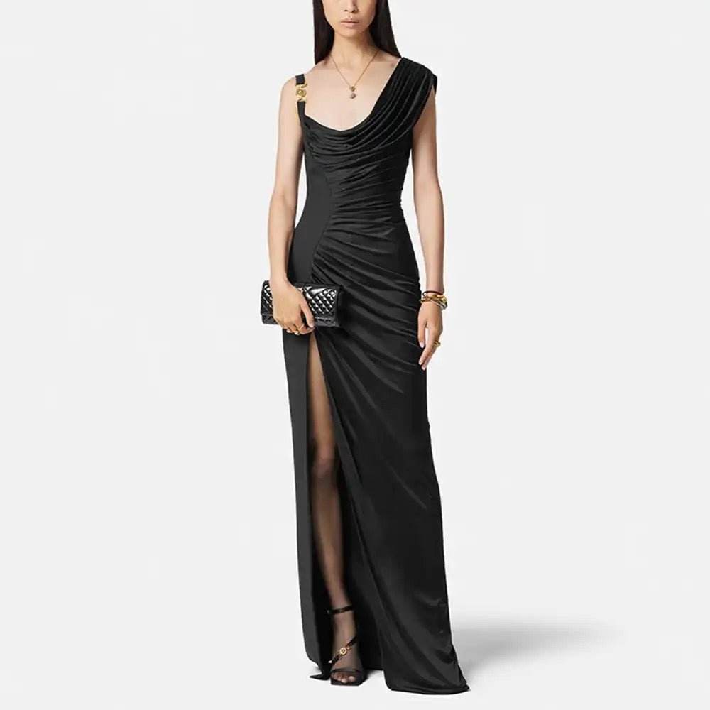 Sleeveless Sexy Asymmetric Decorated Hanging Tight Long Dress - REBECATHELABEL