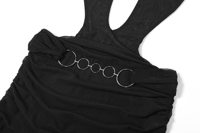 Slim Fit See through Mesh Backless Low Cut Halter Sheath Dress - REBECATHELABEL