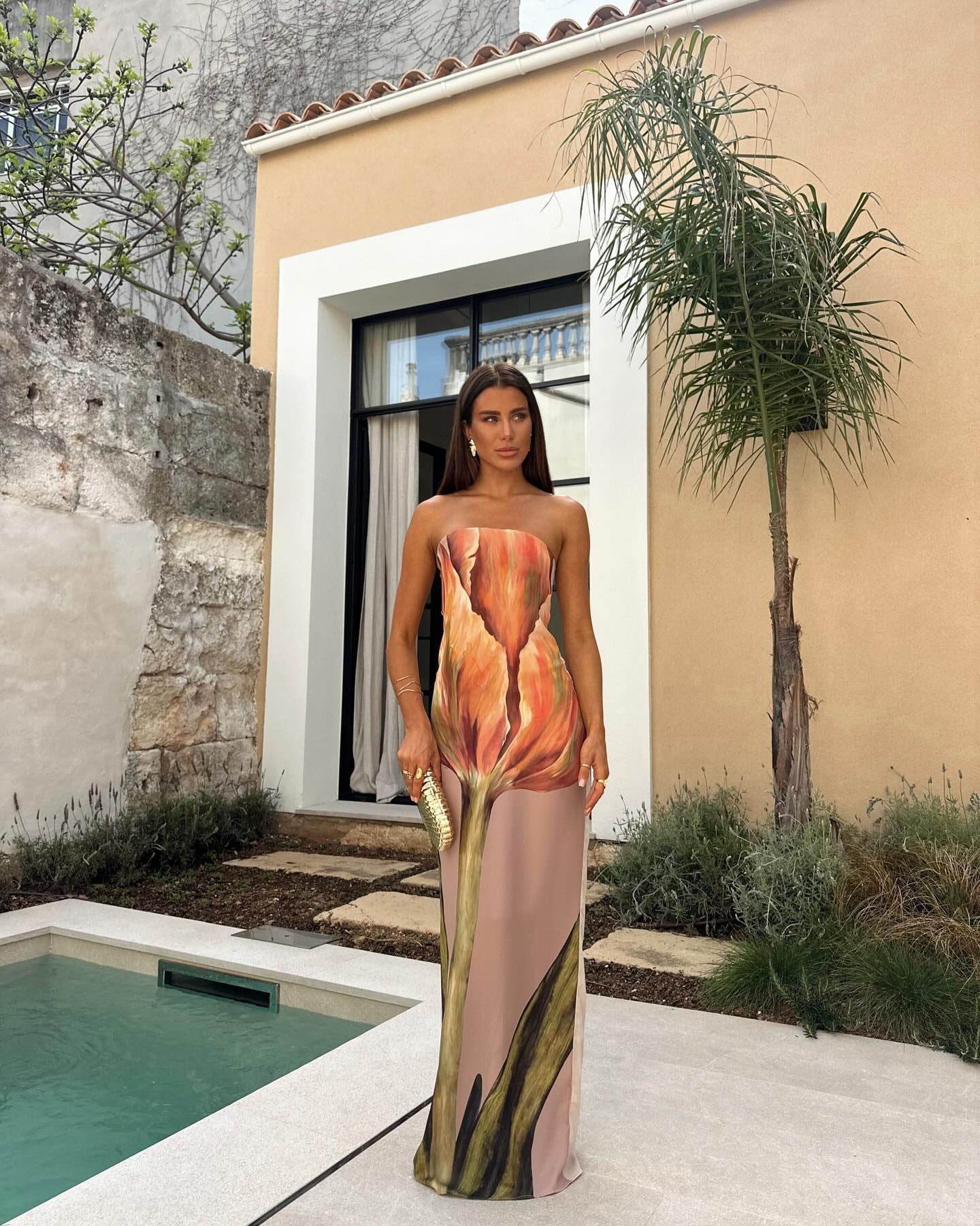 Slim Fit Slimming Printed Back Zipper Satin Dress - REBECATHELABEL