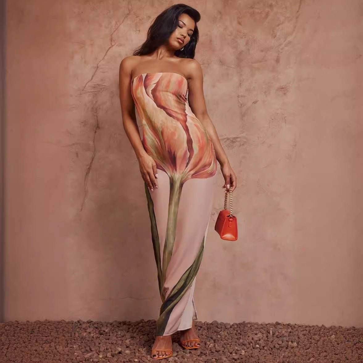 Slim Fit Slimming Printed Back Zipper Satin Dress - REBECATHELABEL