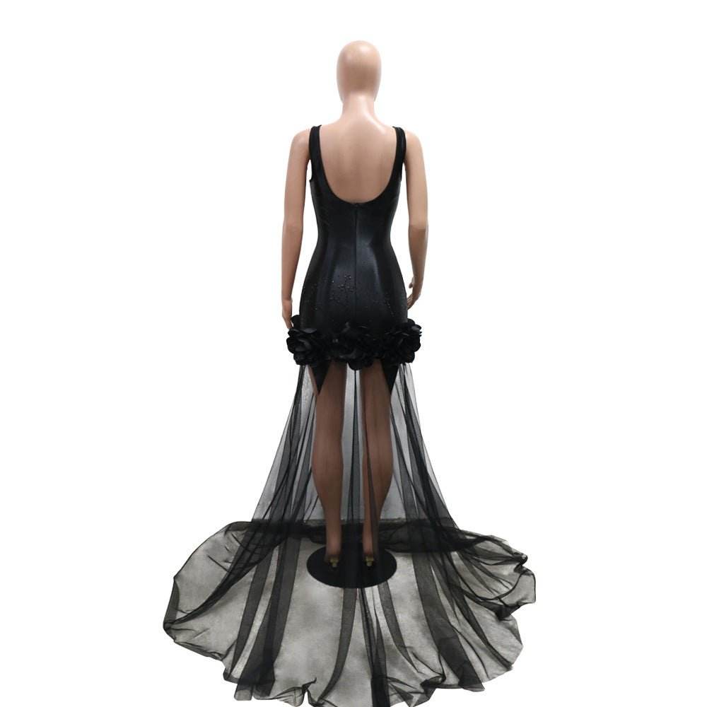 Sling Floral Mesh Dress Patchwork Maxi Dress Sexy Sling Rhinestone Sheath - REBECATHELABEL