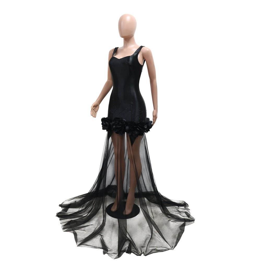 Sling Floral Mesh Dress Patchwork Maxi Dress Sexy Sling Rhinestone Sheath - REBECATHELABEL