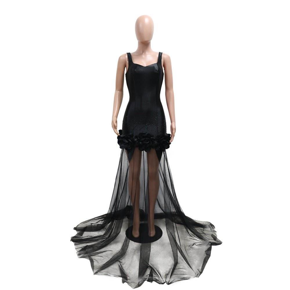 Sling Floral Mesh Dress Patchwork Maxi Dress Sexy Sling Rhinestone Sheath - REBECATHELABEL