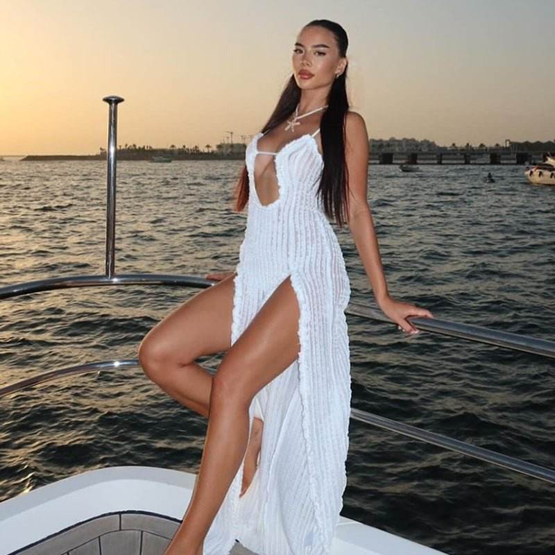 Slit Slim Fit Strappy Low Cut Slim Fit Dress - REBECATHELABEL