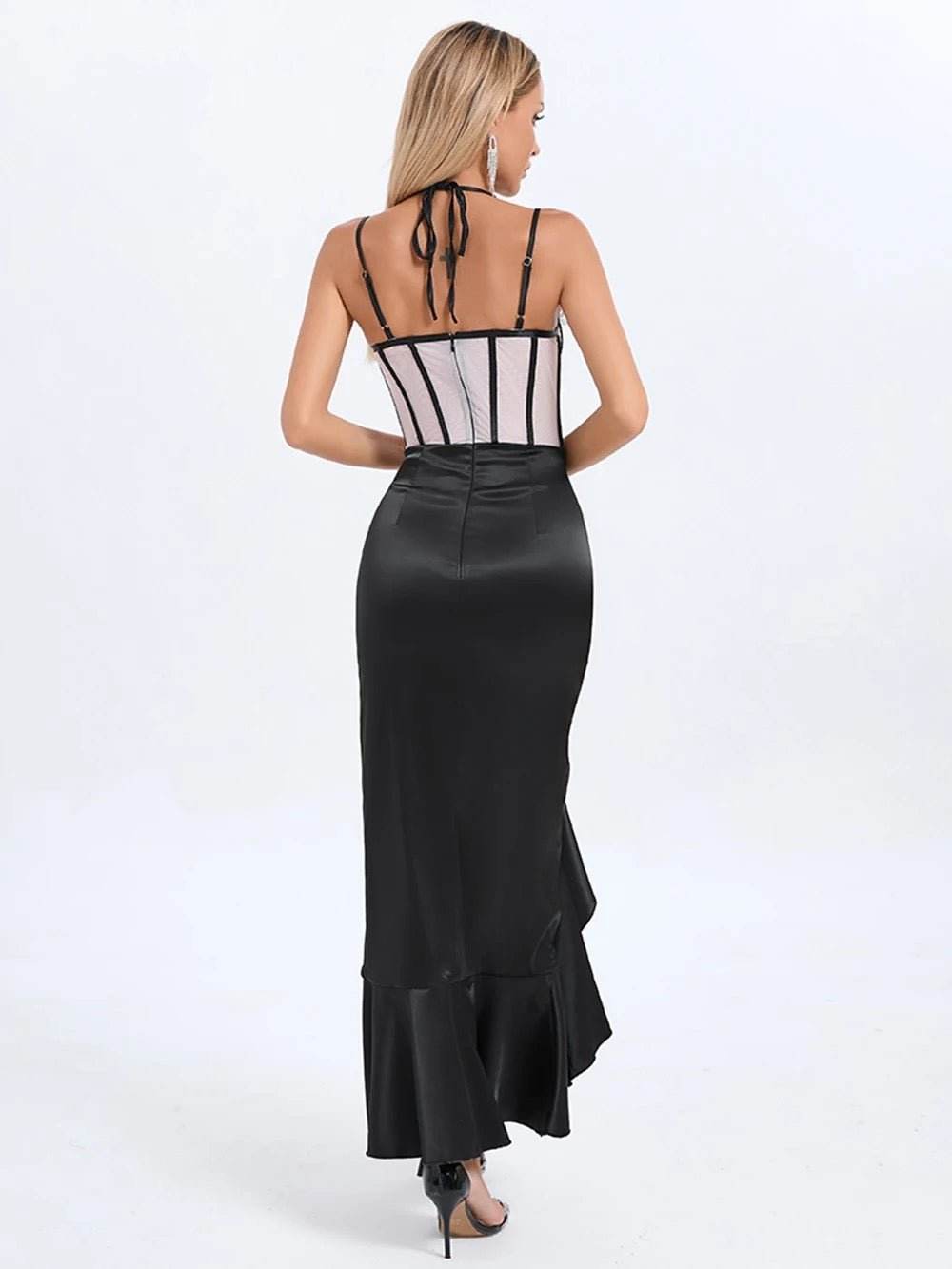 Spaghetti Strap Corset Beaded Lace Design Long Dress - REBECATHELABEL