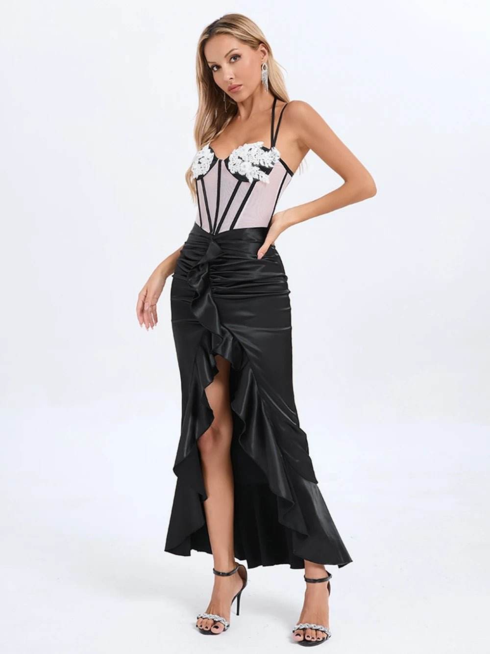 Spaghetti Strap Corset Beaded Lace Design Long Dress - REBECATHELABEL