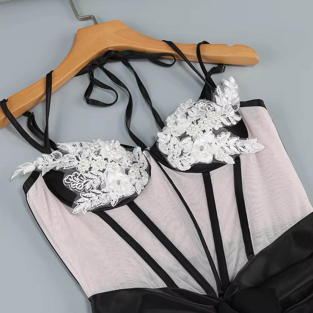 Spaghetti Strap Corset Beaded Lace Design Long Dress - REBECATHELABEL