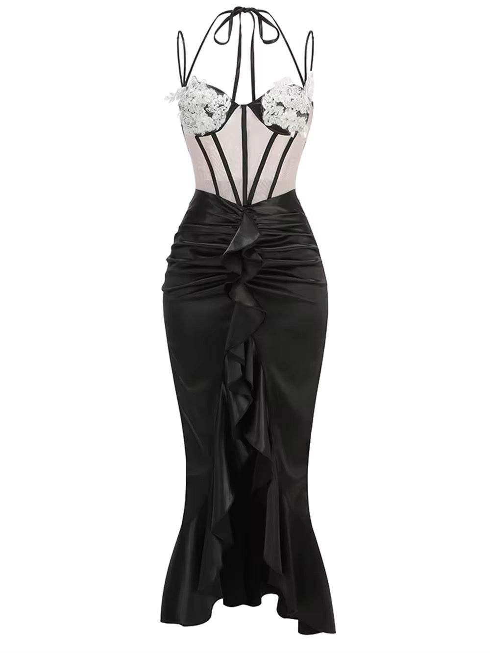 Spaghetti Strap Corset Beaded Lace Design Long Dress - REBECATHELABEL