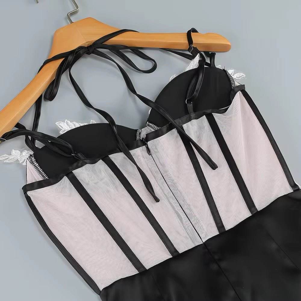 Spaghetti Strap Corset Beaded Lace Design Long Dress - REBECATHELABEL