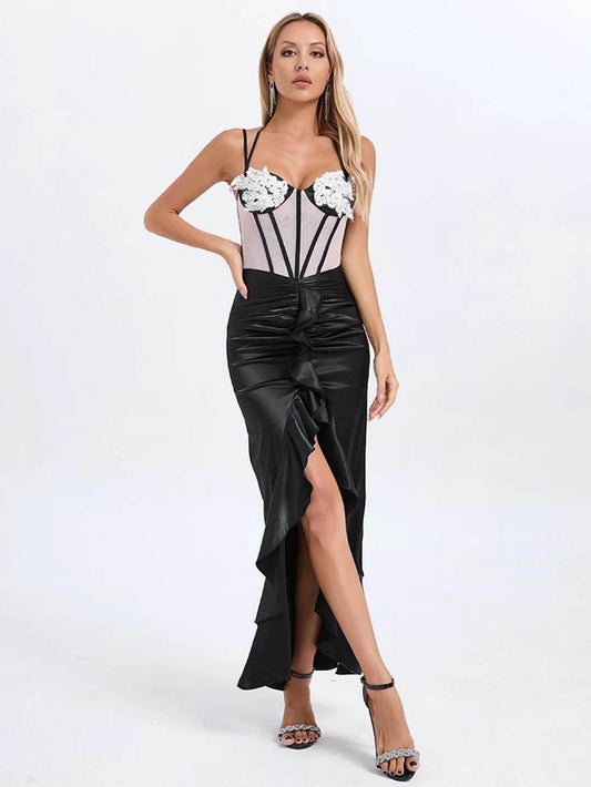 Spaghetti Strap Corset Beaded Lace Design Long Dress - REBECATHELABEL