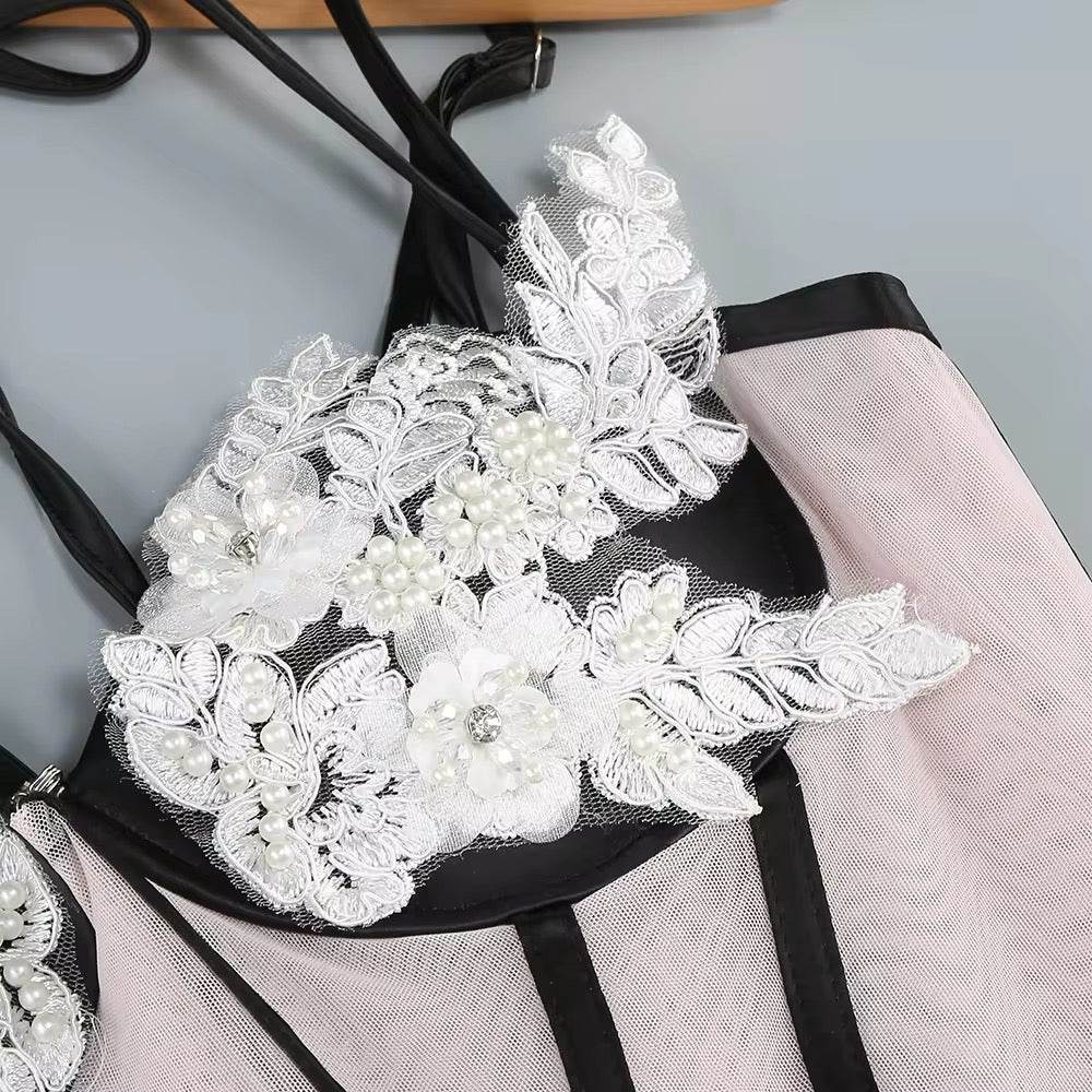 Spaghetti Strap Corset Beaded Lace Design Long Dress - REBECATHELABEL