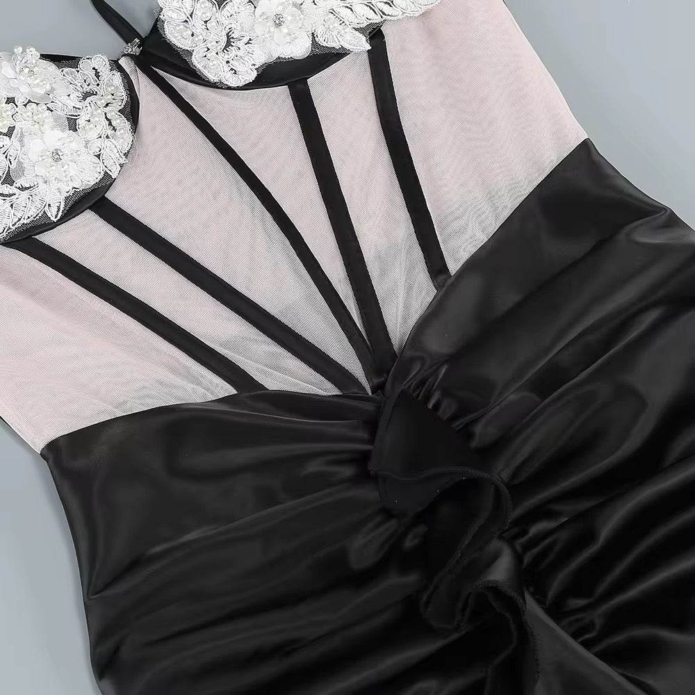 Spaghetti Strap Corset Beaded Lace Design Long Dress - REBECATHELABEL