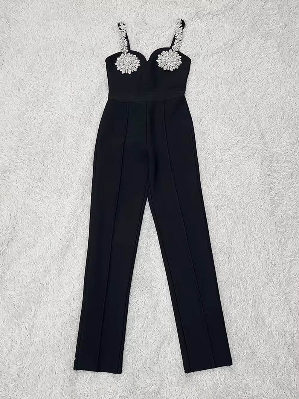 Spaghetti Strap Diamonds Bodycon Bandage Pencil Pants Jumpsuit - REBECATHELABEL