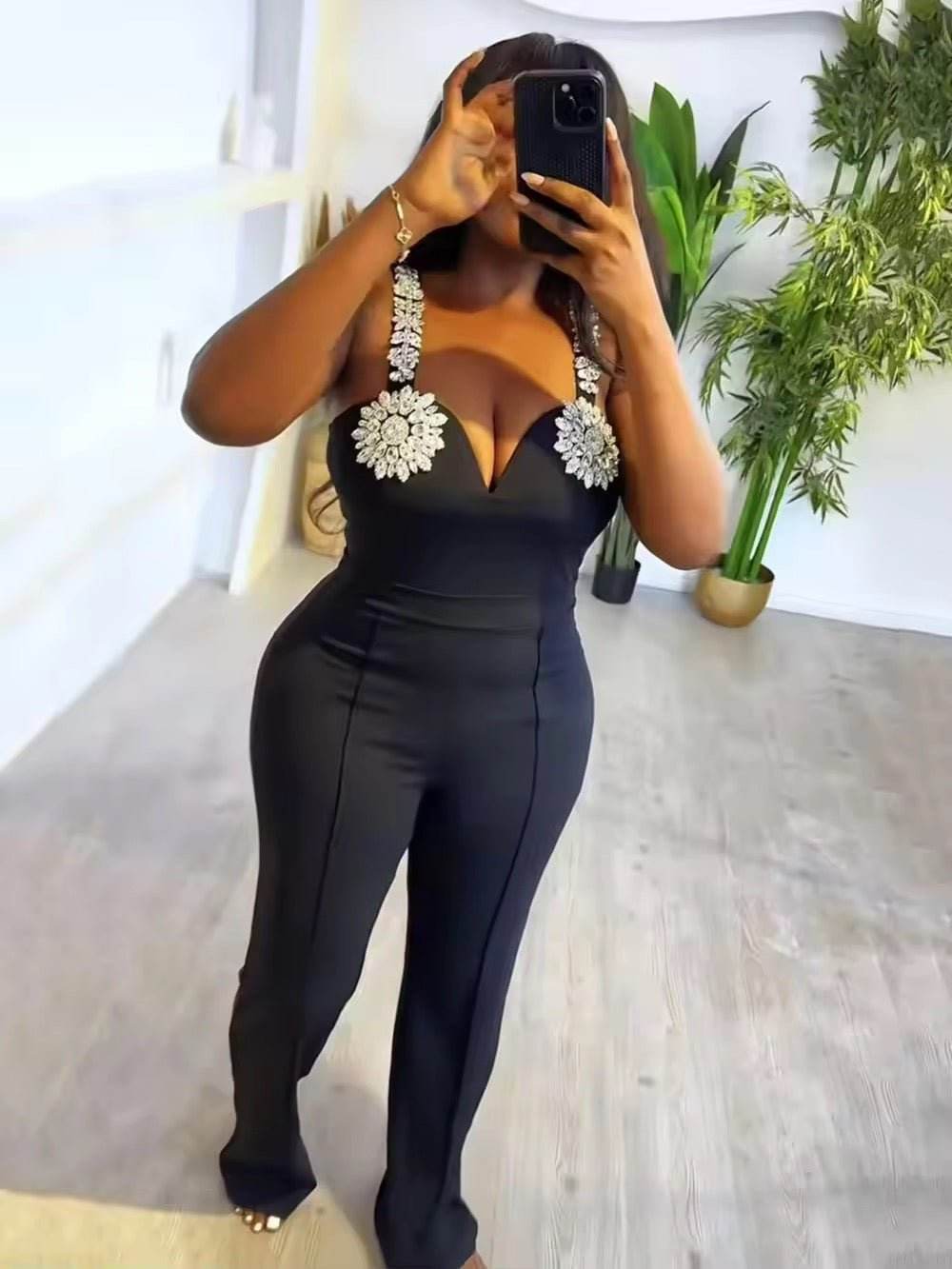 Spaghetti Strap Diamonds Bodycon Bandage Pencil Pants Jumpsuit - REBECATHELABEL