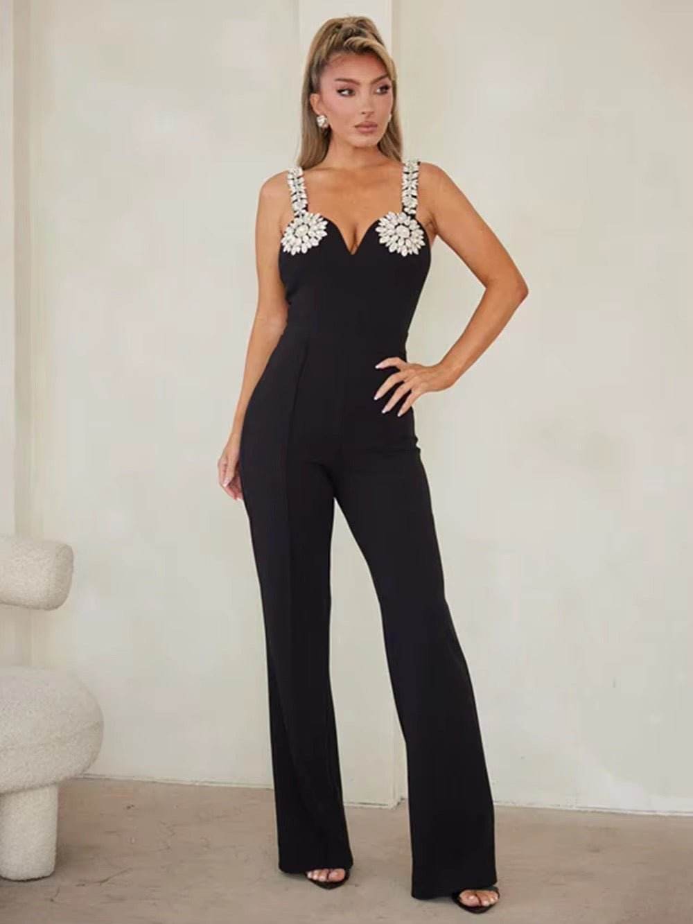 Spaghetti Strap Diamonds Bodycon Bandage Pencil Pants Jumpsuit - REBECATHELABEL