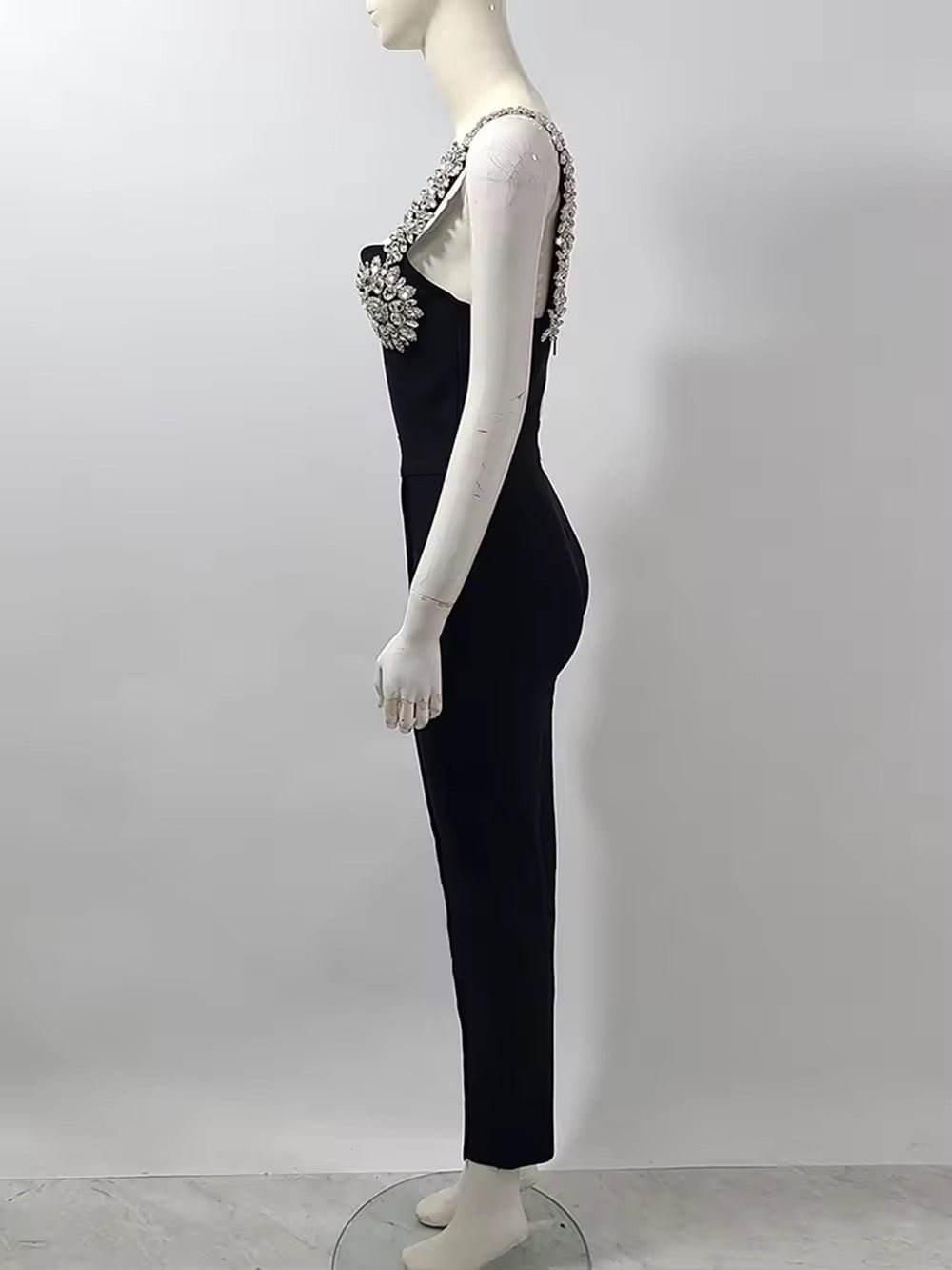 Spaghetti Strap Diamonds Bodycon Bandage Pencil Pants Jumpsuit - REBECATHELABEL