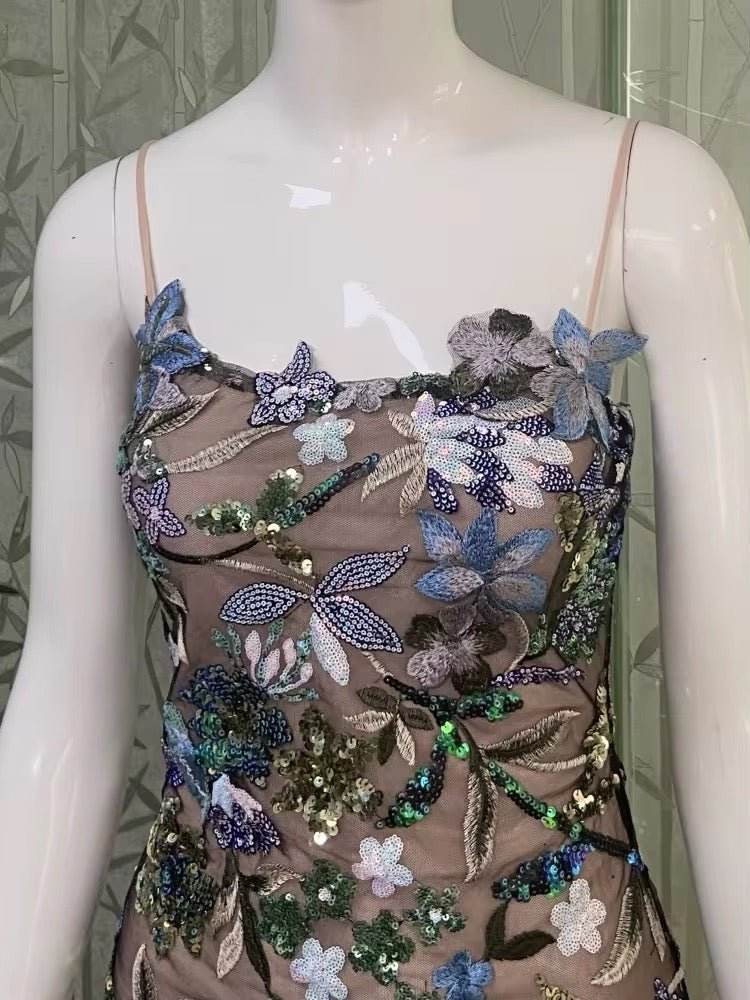 Spaghetti Strap Floral Sequins Ruffles Long Dress - REBECATHELABEL