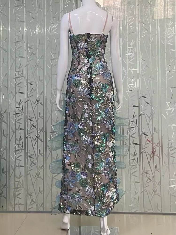 Spaghetti Strap Floral Sequins Ruffles Long Dress - REBECATHELABEL