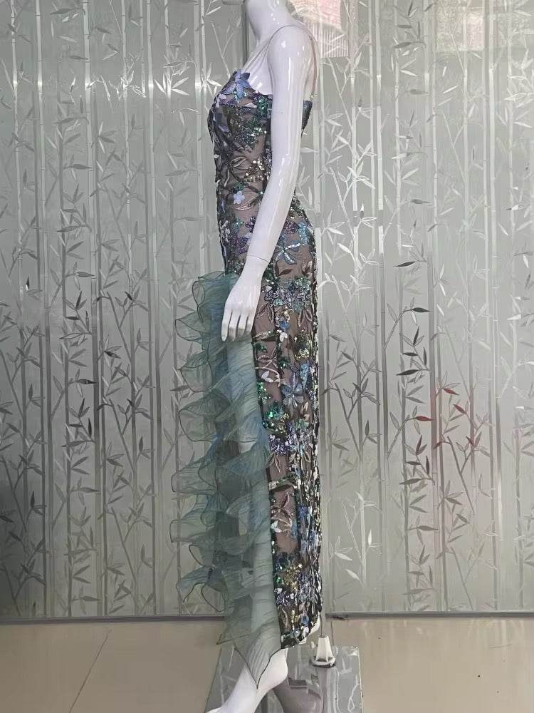 Spaghetti Strap Floral Sequins Ruffles Long Dress - REBECATHELABEL