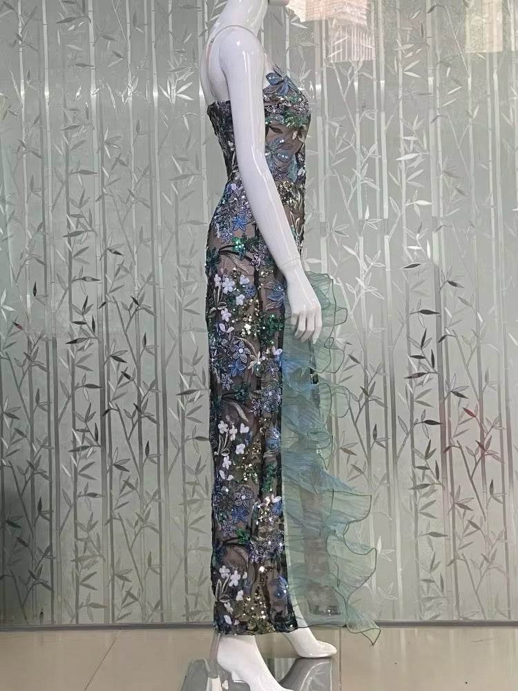 Spaghetti Strap Floral Sequins Ruffles Long Dress - REBECATHELABEL