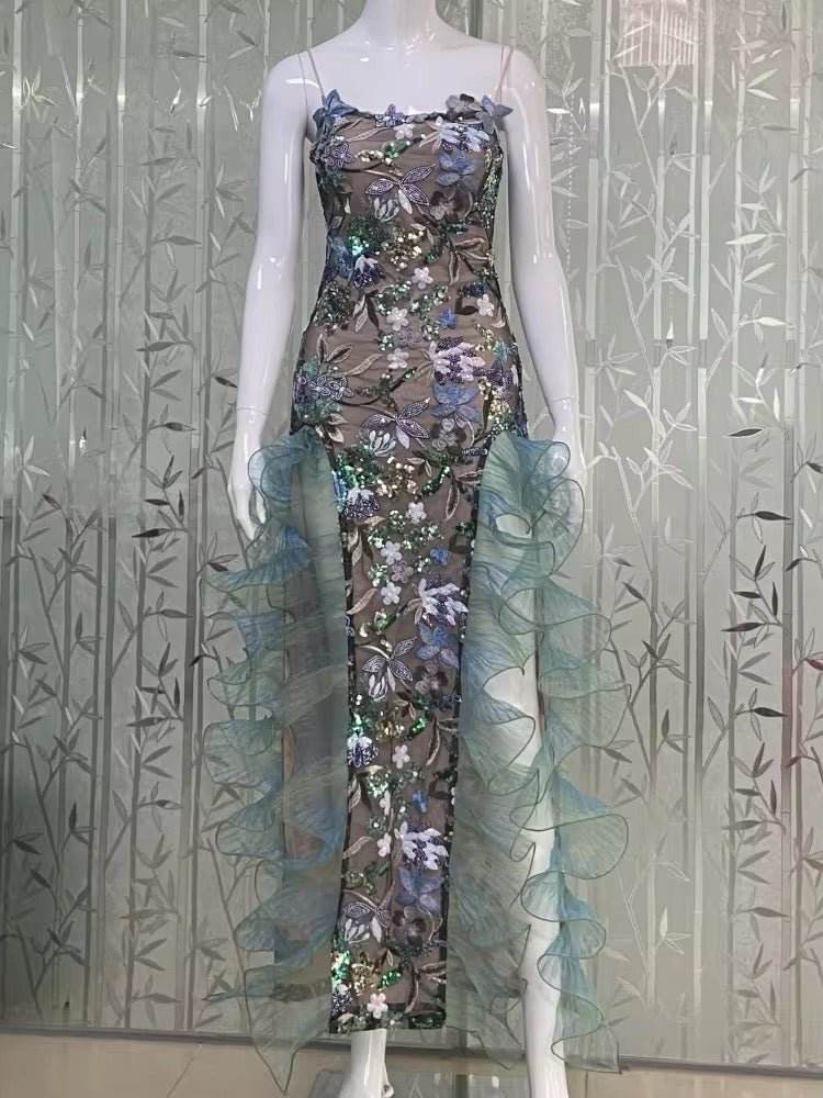 Spaghetti Strap Floral Sequins Ruffles Long Dress - REBECATHELABEL