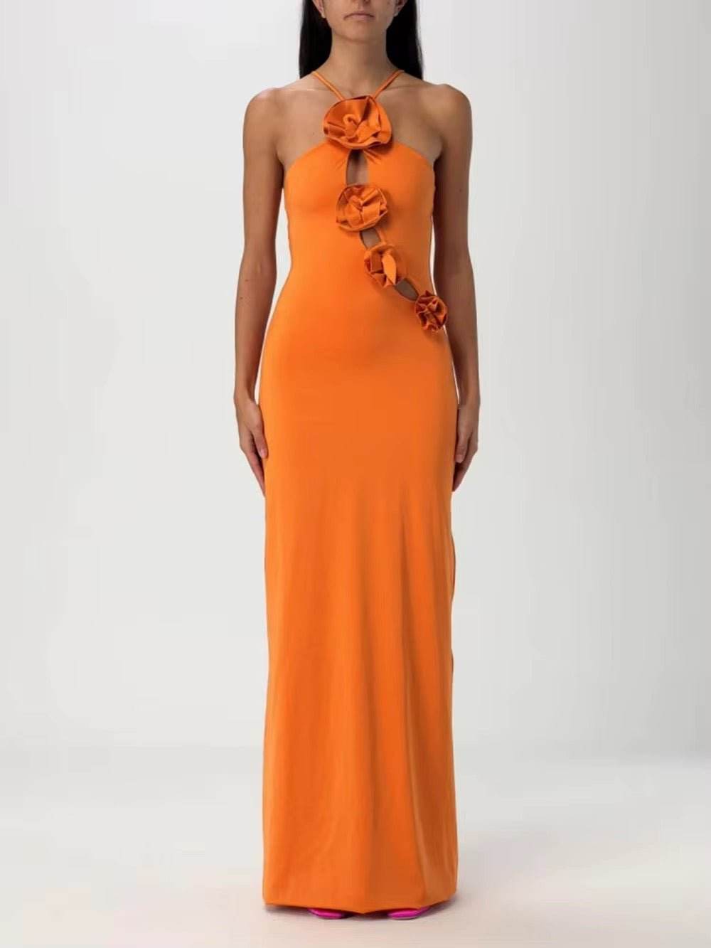 Spaghetti Strap Lace-up 3D Flower Long Dress - REBECATHELABEL